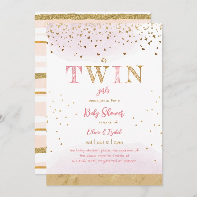 Twin Pink Gold Glitzer Simple Baby Girl Dusche Einladung (Vorne/Hinten)