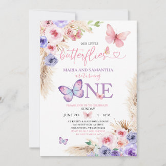 Twin Pink Lila Butterfly Erster Geburtstag Einladung