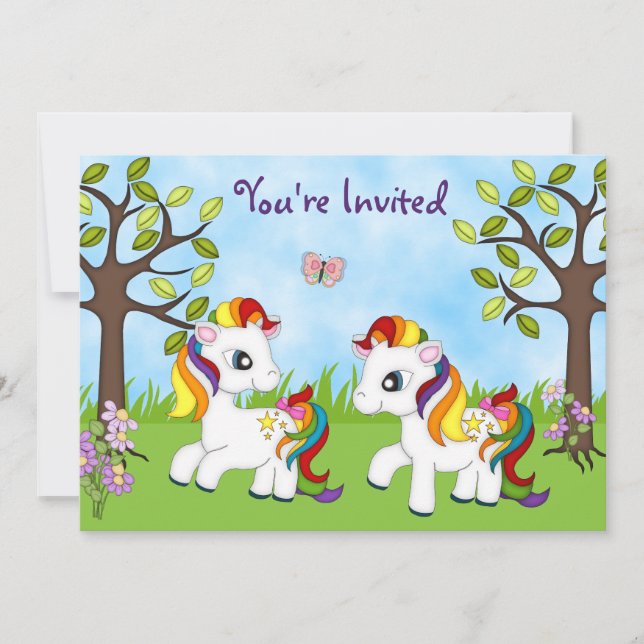 Twin Rainbow Ponies Pferde Einladung zum Geburtsta (Vorderseite)