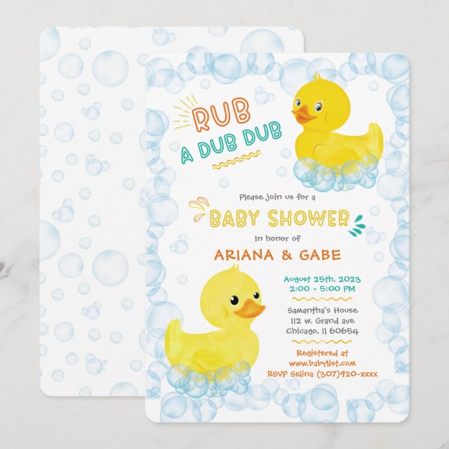 Twin Rubber Duck Baby Duck Einladung (Vorne/Hinten)
