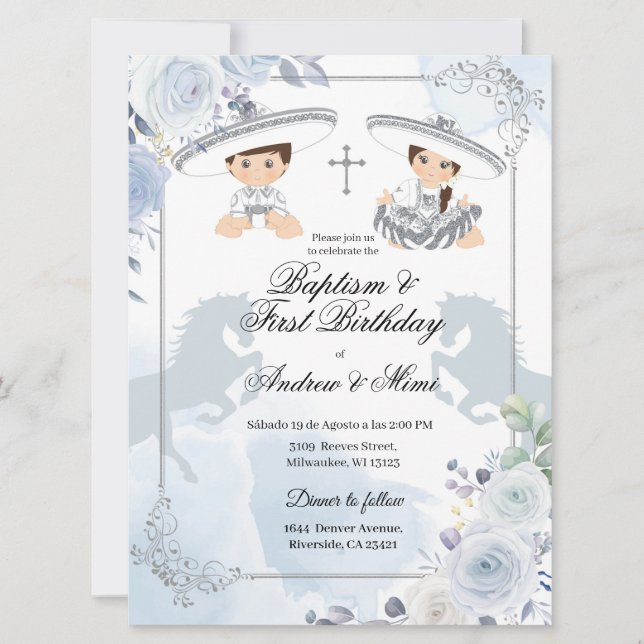 Twin Silver Taufe und Geburtstag mexikanisch Einladung (Vorderseite)