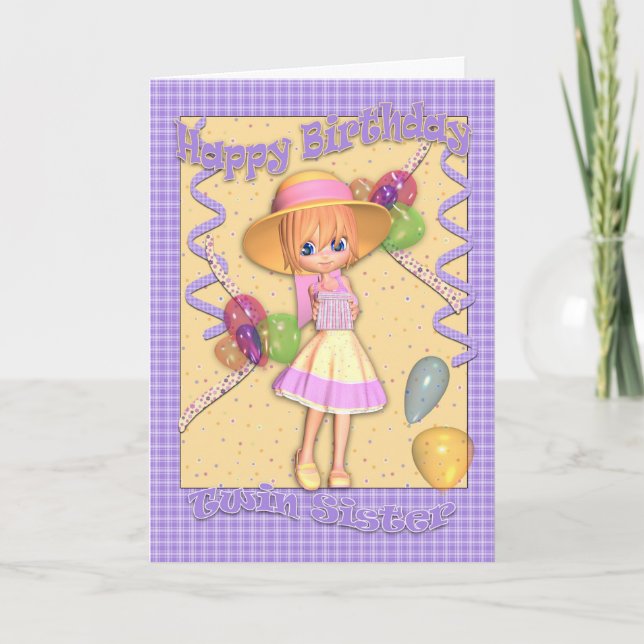 Twin Sister Birthday Card - Niedliches kleines Mäd Karte (Vorderseite)