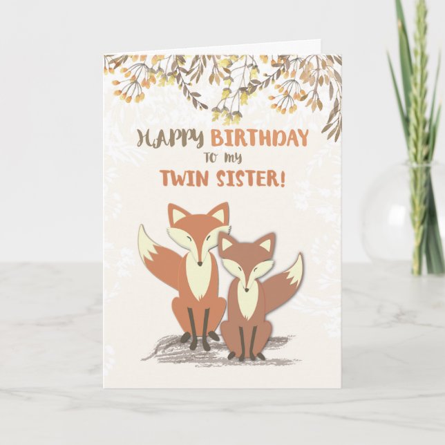 Twin Sister Birthday Foxes, Blätter auf Zweigen Karte (Vorderseite)