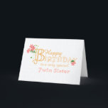 Twin Sister Birthday mit Clematis Blume Card Feiertagskarte<br><div class="desc">Eine elegante, minimalistische Geburtstagskarte für Ihre Twin Sistre mit goldenem Effekt-Buchstaben und pinkfarbenroten Clematis-Blume und ihren langen, wütenden Stielen und Blätter. Die Titelgrüße lautet: 'Happy Birthday to a very special Twin Sister' in Goldeffektschrift mit einem überdimensionalen Buchstaben 'B', der mit einem Cluster von Clematis-Blume und seinen langen Triebe und Blätter...</div>