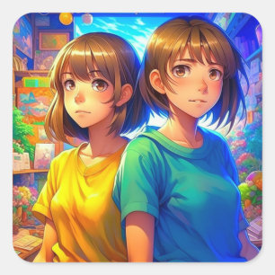 Twin Sisters   Anime Girls Quadratischer Aufkleber