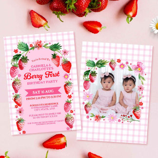 Twin Sisters Joint Berry First Birthday Foto Einladung