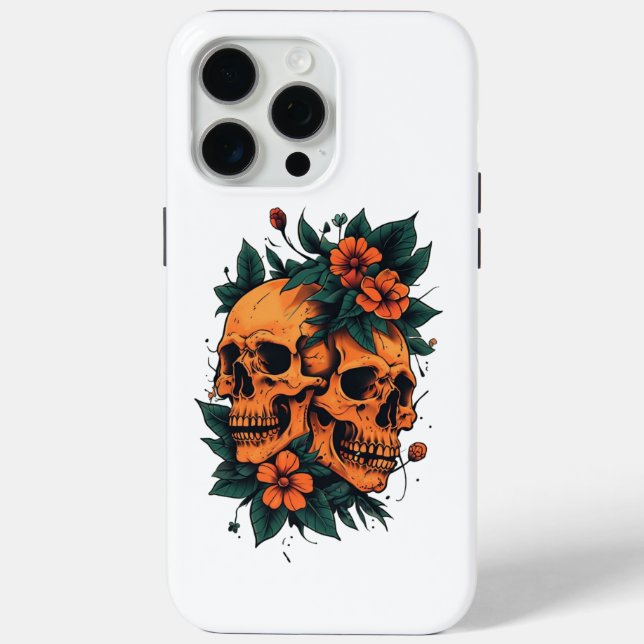 Twin Skulls with Orange Florals Gothic Case-Mate iPhone Hülle (Rückseite)