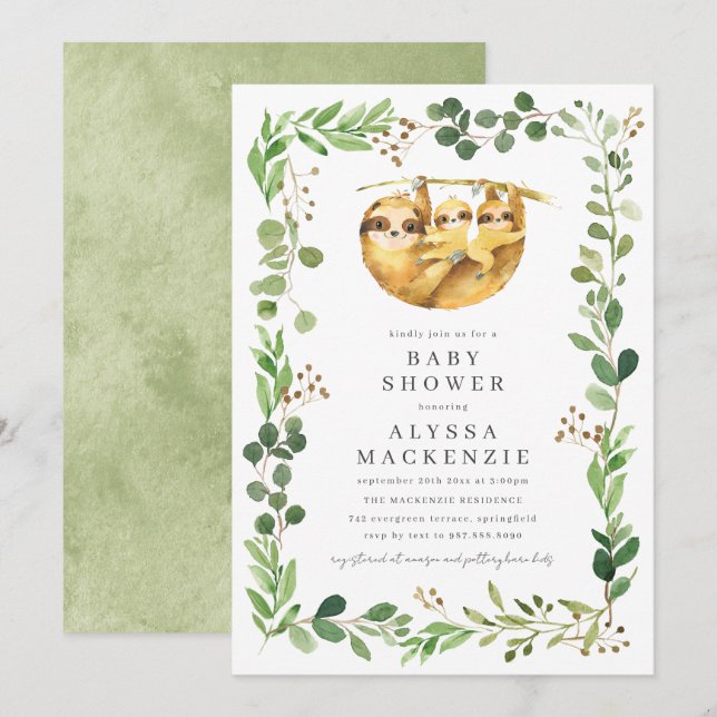 Twin Sloth Baby Shower Invitation Einladung (Vorne/Hinten)