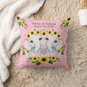 Twin Sunflower Baby Elephant Girls Kissen
