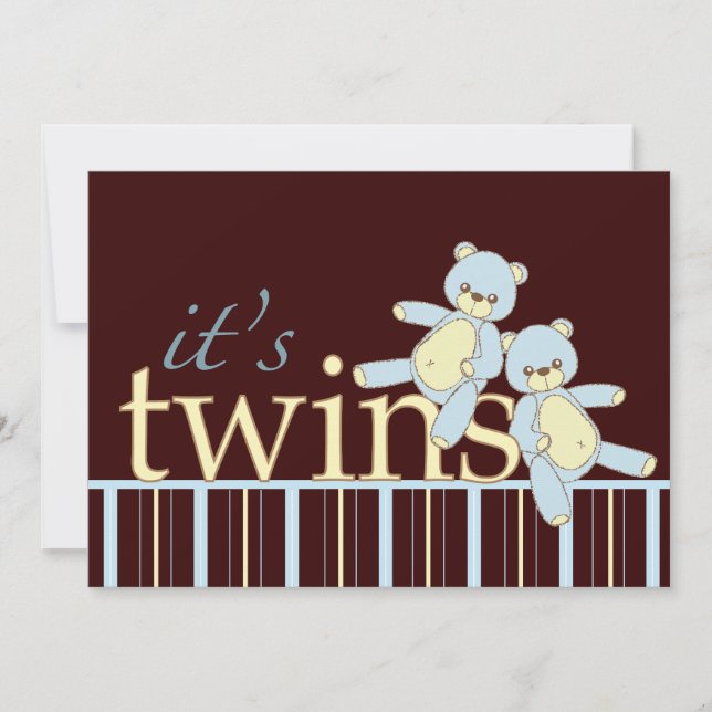 Twin Teddy Bear Boys Babydusche Einladung (Vorderseite)