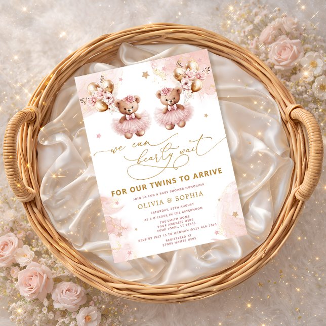 Twin Teddy Bear We Can Bearly Wait Baby Shower Einladung (Von Creator hochgeladen)