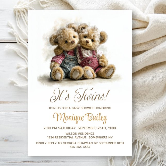 Twin Teddy Bears Baby Shower Einladung (Von Creator hochgeladen)