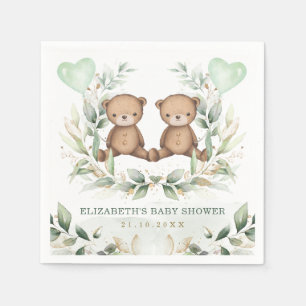 Twin Teddy Bears Greenerity Gold Balloon Baby Show Serviette
