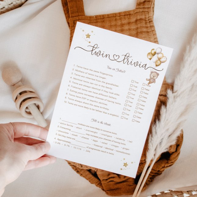 Twin Trivia Game Teddy Bear Gold Balloons Stars Einladung (Von Creator hochgeladen)