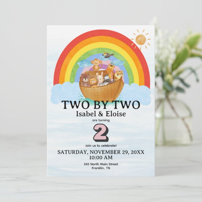 TWIN Two by Two Noah's Ark Girl Birthday Invite Einladung (Stehend Vorderseite)