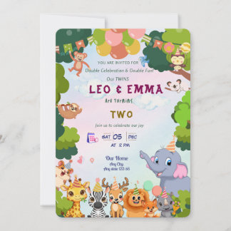 Twin Wild Animals Party Invitation Einladung