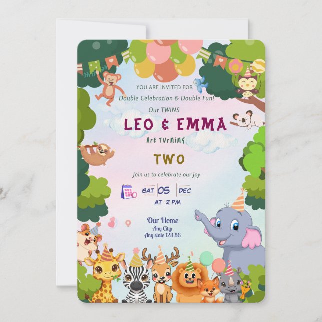 Twin Wild Animals Party Invitation Einladung (Vorderseite)