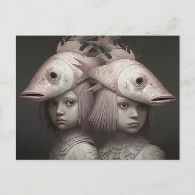 Twin with Pink Fish on Heads Horror AI Art Postkarte (Vorderseite)