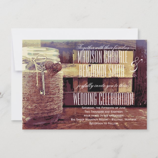 Twine Wrapped Mason Jar Heart Key Wedites Einladung (Vorderseite)