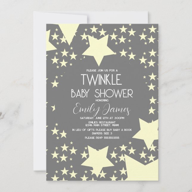 Twinkle Baby Dusche Gelbe Sterne Grau Hintergrund Einladung (Vorderseite)