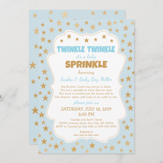 Twinkle Baby Sprinkle blauer Goldstar Einladungen (Vorne/Hinten)