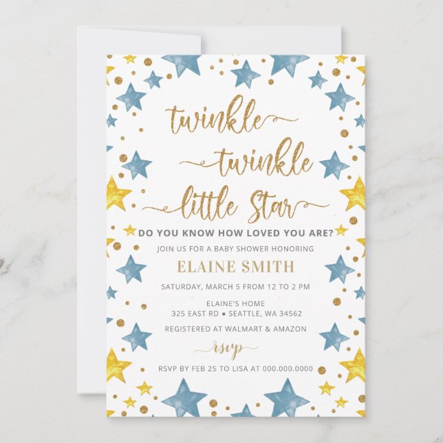 Twinkle kleine Star Gold Blue Boy Baby Dusche Einladung (Vorderseite)