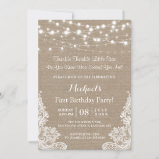 Twinkle Lights Burlap Lace Erste Geburtstagsparty Einladung