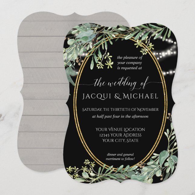 Twinkle Lights Eukalyptus Greenery Wood Watercolor Einladung (Vorne/Hinten)