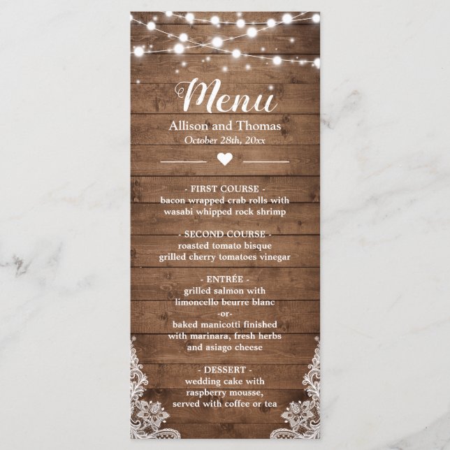 Twinkle Lights Lace Rustic Country Wood Wedding Menükarte (Vorderseite)
