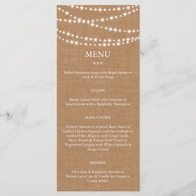 Twinkle LIghts Menu auf Burlap Menükarte (Vorderseite)