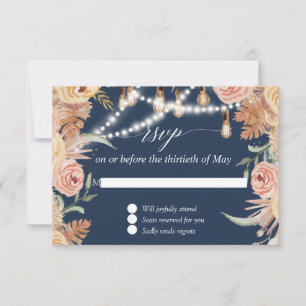 Twinkle Lights Navy Pink Floral Faded Foliage UAWG RSVP Karte