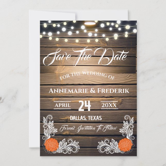 Twinkle Lights Rustic Wood Lace Save The Date (Vorderseite)