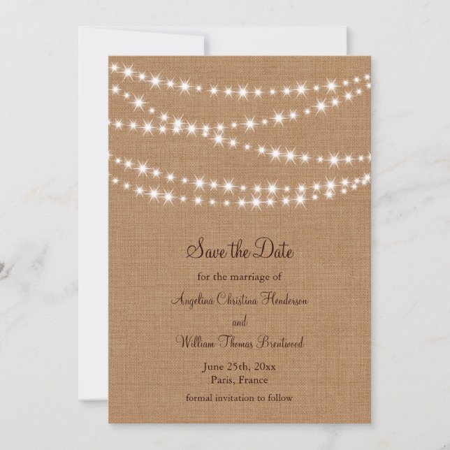 Twinkle Lights Save the Date auf Burlap (Vorderseite)
