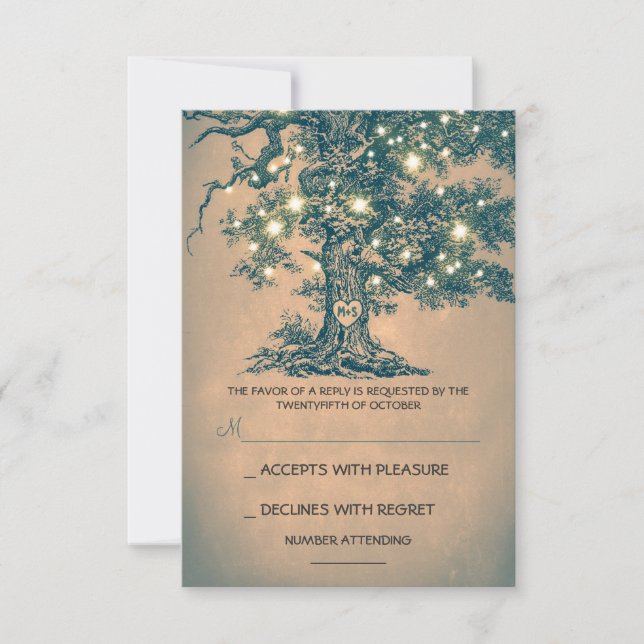 Twinkle Lights Tree Rustic Wedding RSVP Karte (Vorderseite)
