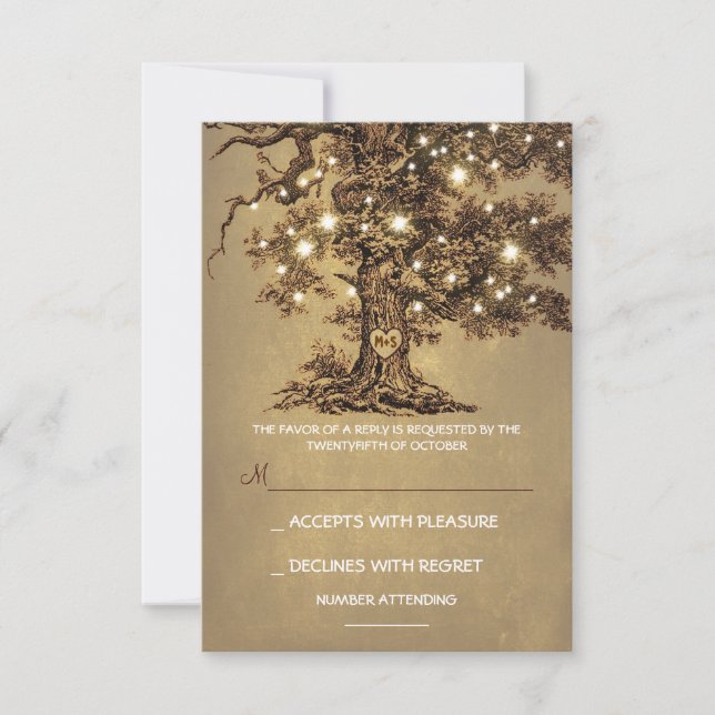 Twinkle Lights Tree Rustic Wedding RSVP Karte (Vorderseite)