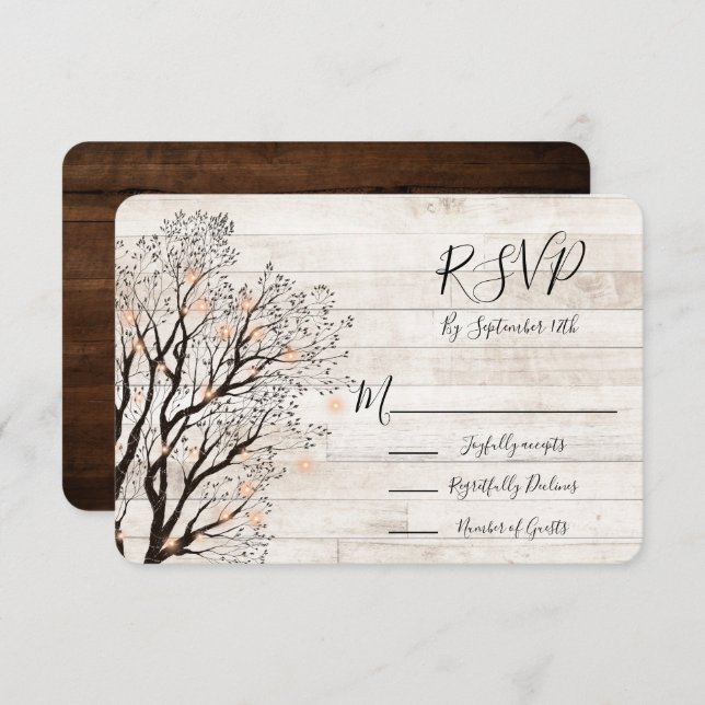 Twinkle Lights Tree Rustic Wood Wedding RSVP Einladung (Vorne/Hinten)