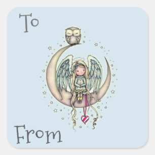 Twinkle Little Angel und Eule Illustrierte Kunst Quadratischer Aufkleber