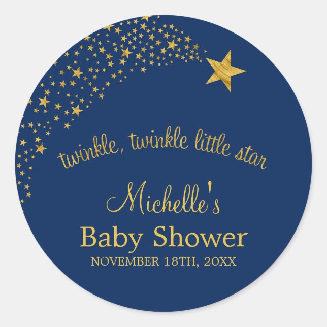 Twinkle Little Shooting Star Navy Gold Baby Dusche Runder Aufkleber (Vorderseite)