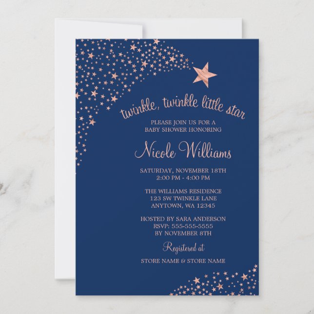 Twinkle Little Shooting Star Navy Rose Baby Dusche Einladung (Vorderseite)
