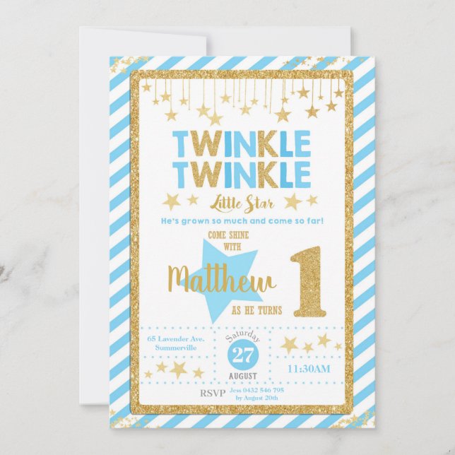 Twinkle Little Star 1. Geburtstag Einladung Junge (Vorderseite)