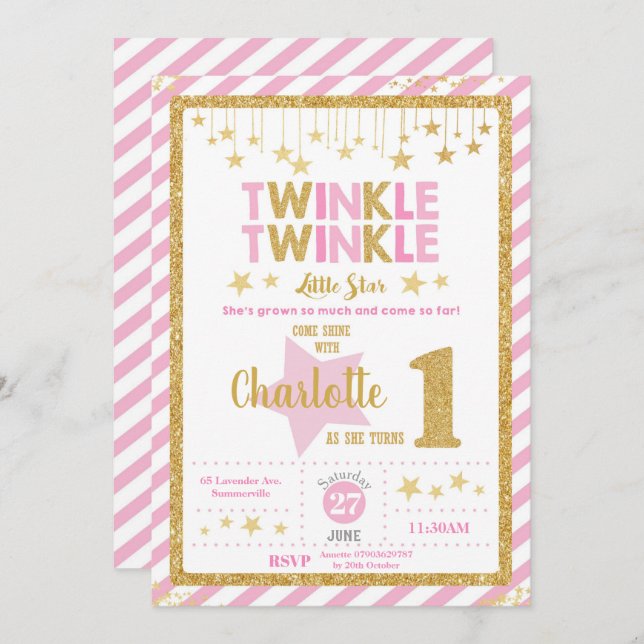 Twinkle Little Star 1. Geburtstag Einladung Mädche (Vorne/Hinten)