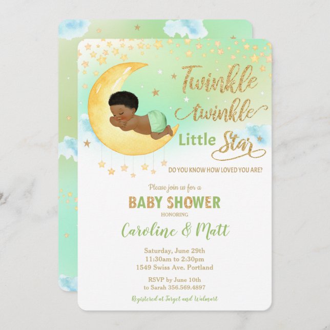 Twinkle Little Star African Baby Shower Neutral Einladung (Vorne/Hinten)