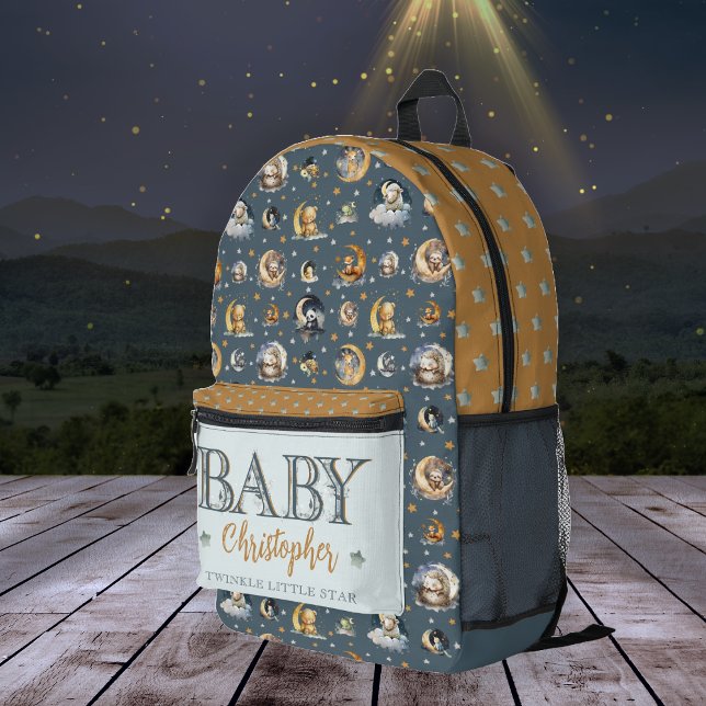 Twinkle Little Star Animal Muster Boy Baby Name Bedruckter Rucksack (Twinkle Little Star Animal and Stars Pattern Boy Name "Baby" Diaper Bag | Backpack - Dark Dusky Blue)