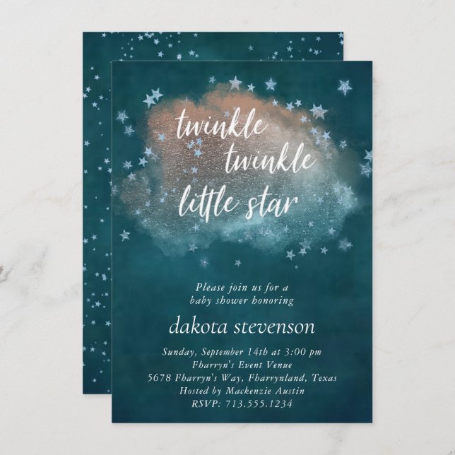Twinkle Little Star | Aquamarin Blue Copper Baby D Einladung (Vorne/Hinten)