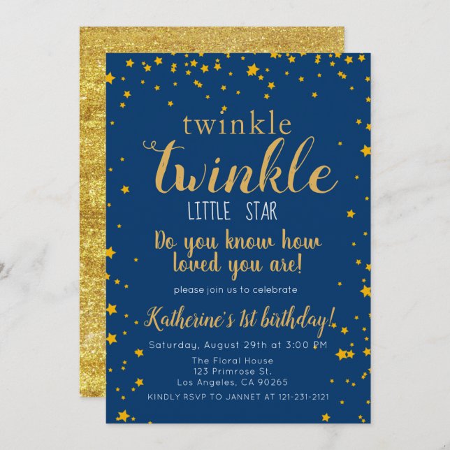 Twinkle Little Star Baby Blue & Gold 1. Geburtstag Einladung (Vorne/Hinten)