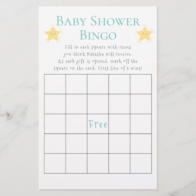 Twinkle Little Star Baby Dusche Bingo Spiel Flyer (Vorne)