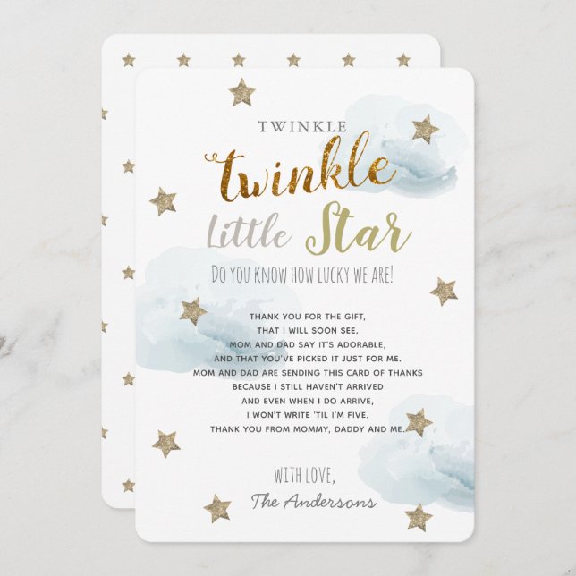 Twinkle Little Star Baby Dusche Blue Vielen Dank Einladung (Vorne/Hinten)