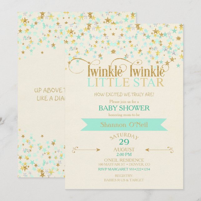 Twinkle Little Star Baby Dusche Gold & Mint Einladung (Vorne/Hinten)