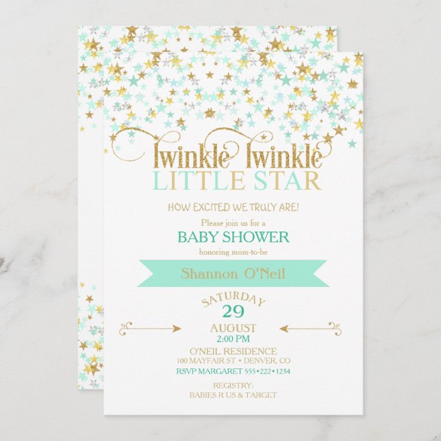 Twinkle Little Star Baby Dusche Gold & Mint Einladung (Vorne/Hinten)
