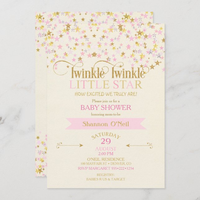 Twinkle Little Star Baby Dusche Pink Gold Creme Einladung (Vorne/Hinten)